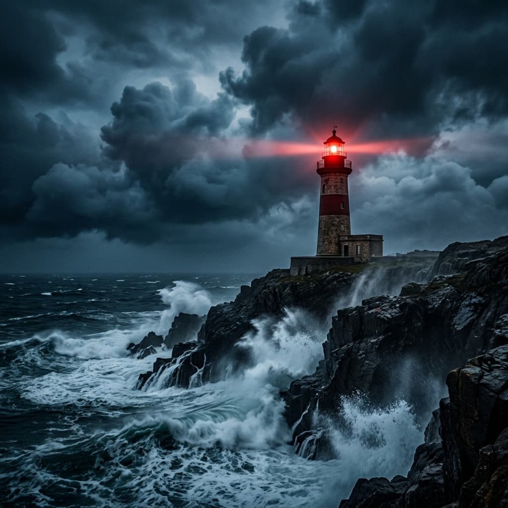 Lighthouse on stormy sea at night